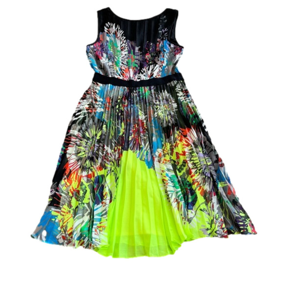 BCBGMAXAZRIA Sierra Dress, Pleated Multi Colour Floral Print Dress Neon, Size S - Picture 5 of 12